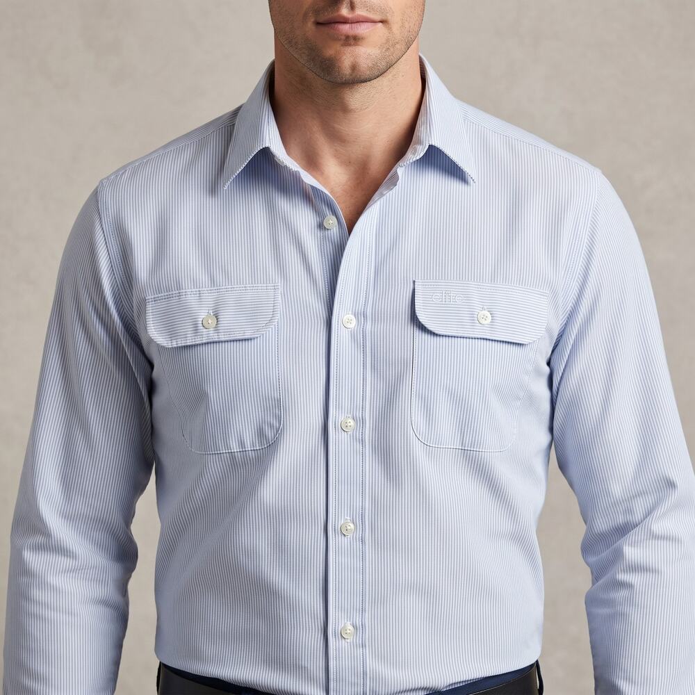 Elite Men's Pinstripe Shirt Blue Long Sleeve Two Pocket Workwear Size 94